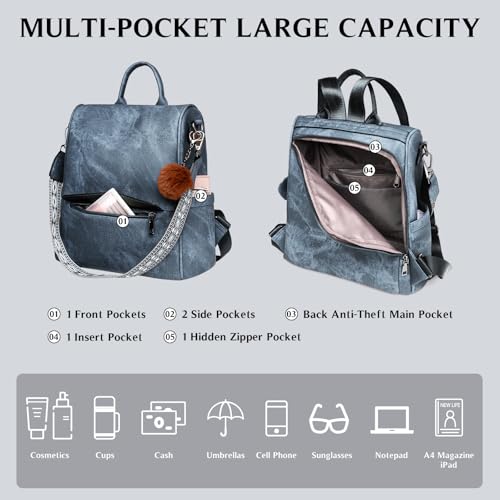 Image of Woman Backpack Purse Waterproof Lightweight PU Leather Backpack, Multipurpose Travel Shoulder Bag Handbag