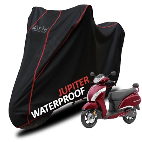 Image of Bike Body Cover TVS Jupiter Full Body Cover with Waterproof, Dust Proof, UV Rays Protective, Tripple Stitching & Lightweight Two Wheeler Covers - Black with Waterproof Red Piping
