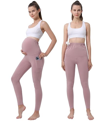 Alina Mae Maternity Leggings Pregnant Over-Bump Pant with Pockets Stretch for Workout Yoga (Pink - Medium)