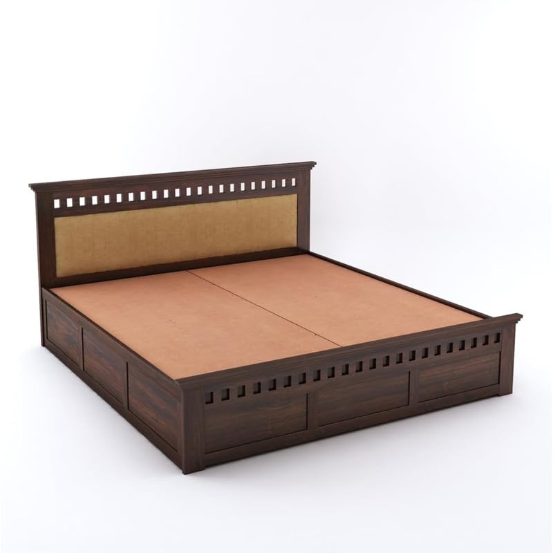 Image of Amazon Brand - Solimo Solid Sheesham Wood Kuber Queen Size Upholstered Bed with Box Storage + 2 Bedside | Wooden Queen Size Cot Bed | Double Bed with 2 Bedside Table for Bedroom (Walnut Finish)