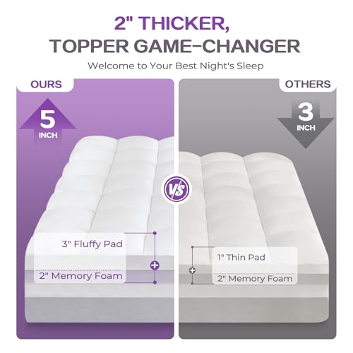 Image of SINWEEK Dual Layer 5 Inch Memory Foam Mattress Topper Queen Size, 2 Inch Gel Memory Foam Plus 3 Inch 1450 GSM Down Alternative Quilted Pillow Top Mattress Pad Cover, White