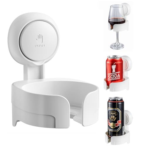 LEVERLOC Suction Cup Shower Drink Holder for Beer Wine Waterproof Wine Holder for Shower Removable Damage-Free Install Fit Multi-Sizes Cups White