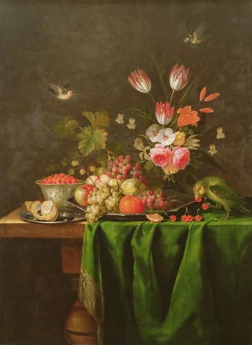 Lienzo de De Heem con frutas y flores sobre una mesa, cuadro mural de 60x90cm
