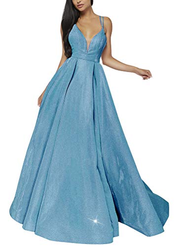 Image of VKBRIDALWomen's Glittery Spaghetti V-Neck Prom Dresses Long Side Split Formal Evening Gowns 2 Ice Blue