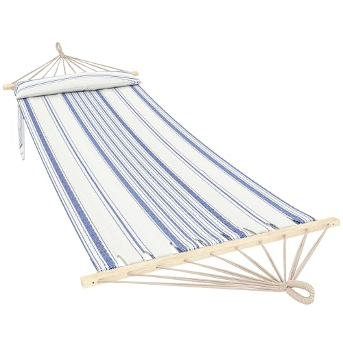 Outsunny Cotton Hammock Soft Portable Swing Sleeping w/Headrest & Side Pocket Deluxe Swing Chair for Beach Garden Bedroom Patio Porch Indoor Outdoor 270 x 80 cm Blue and White