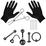 Domary Kit de Herramientas para Piercing de Acero Inoxidable, Juego Joyería para el Cuerpo, Agujas Perforación Profesionales, Alicates Apertura, Nariz, Oreja, Ombligo, (Negra)
