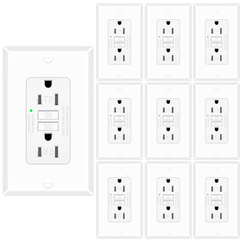 10 Pack 15 Amp GFCI Outlet, Self-Test Ground Fault Protector with LED Indicator, Tamper Resistant GFI Electrical Receptacle, ETL Certified, Wallplate Included, White