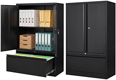 STANI Lateral File Cabinet, Metal Cabinet with Adjustable Shelf and Drawer, Lockable Lateral Filing Storage Cabinet, Filing Cabinet for Home Office School, Assemble Required