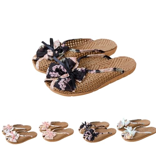 Bamboo Slippers Sandals for Women Bow Closed Toe Japanese Slides Summer Indoor Outdoor Boho Comfortable Casual House Slippers