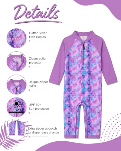 Image of weVSwe Baby Girl Toddler UPF 50+ Rash Guard Swimsuit Sun Protection Beachwear Zipper Bathing Suit 0-3 Years