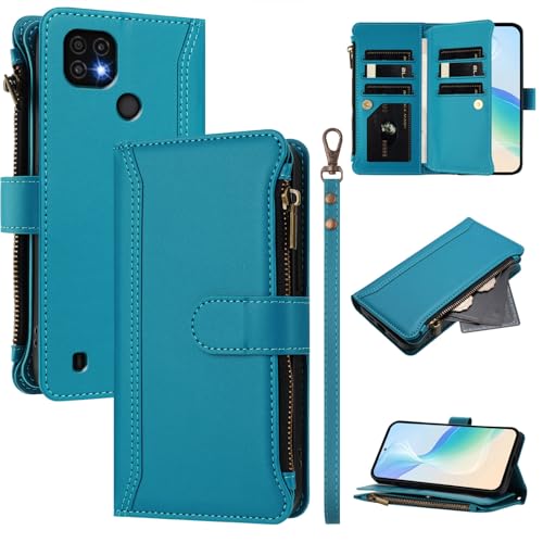 Rfvzubemok Compatible with Realme C30 / C30S,Compatible with Realme Narzo 50i Prime Cover,Flip Kickstand Double Card Slots Zipper Wallet Case Blue2