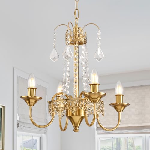 K9 Crystal Mini French Country Chandelier 4 Lights Candle Brushed Brass Finish Pendant Light Fixtuer for Dining Living Room Bedroom Girl Room,E12,W18.3 X H17.9