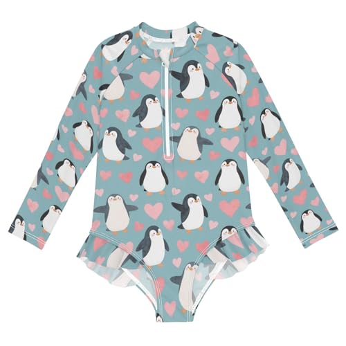 Cartoon Penguins and Love Pattern Girls Long Sleeve Swimsuit Rash Guard One Piece Bathing Suits Zipper 3-12T