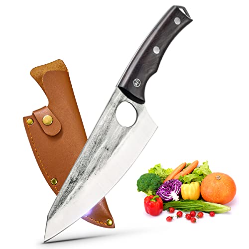 SHEBYOKE Küchenmesser Outdoor Messer,Kochmesser Antihaft-Ausbeinmesser scharfe Messer mit Lederscheide für Küche Grill Ausflug Überleben, Neues Braunes Messer(mit Lederscheide) Cover