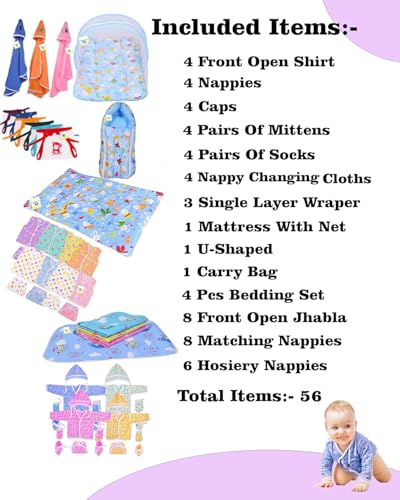 Image of Toddylon New Born Baby Essentials Kit 56 Combo Set (0-6 Months) | Newborn Hospital Bag Kit | Baby Combo Set for New Born | Infant Dress & Accessories Set | Ideal Gift for New Parents (Blue)