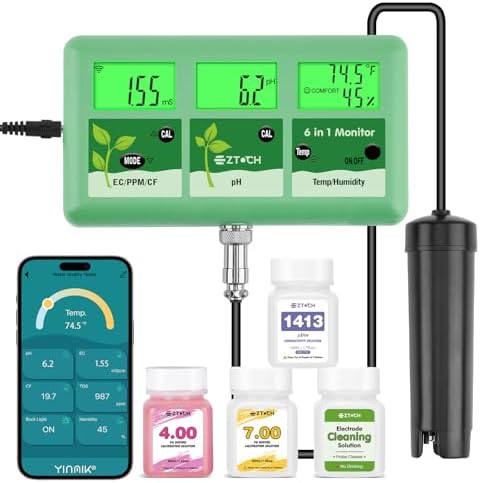 pH EC Continuous Monitor for Hydroponic, 6 in 1 WiFi EC PPM CF pH Meter, Digital pH TDS Temp Humidity Conductivity Monitor for DWC Hydroponic System, Aeroponic Gardening, Aquaponic