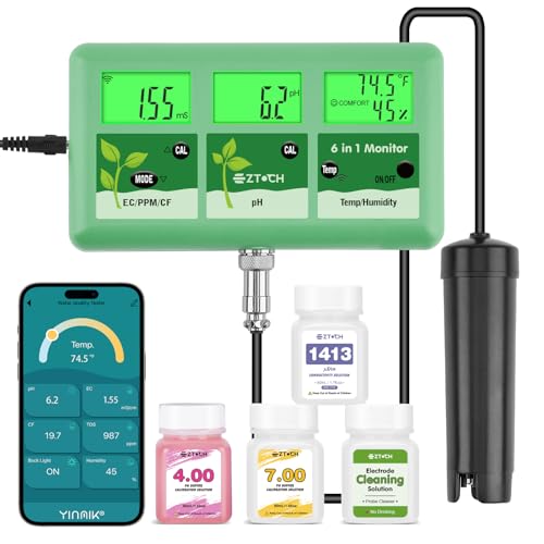 EZTOCH pH EC Continuous Monitor for Hydroponic, 6 in 1 WiFi EC PPM CF pH Meter, Digital pH TDS Temp Humidity Conductivity Monitor for DWC Hydroponic System, Aeroponic Gardening, Aquaponic