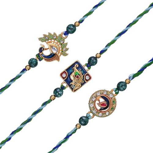 Image of eCraftIndia Set of 3 Pearl Diamond Rudraksha Designer Rakhis for Brother Bhaiya Bhai | Roli Chawal Pack | Raksha Bandhan Rakhi