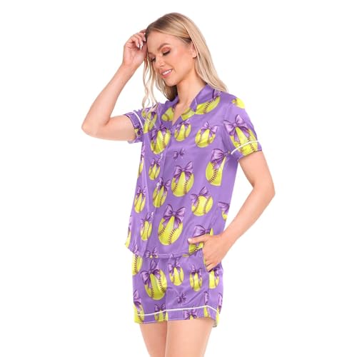 Image of Womens Silk Satin Pajamas Set Western Theme Womens Short Sleeve Shorts Set 2 Piece Sleepwear Lounge Set S-XXL