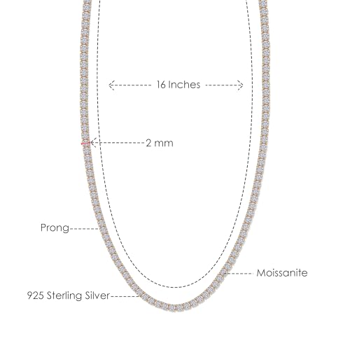 SAVEARTH DIAMONDS Round Lab Created Moissanite 2MM to 6MM Width Tennis Chain Necklace For Men Women In 14K Gold Plated 925 Sterling Silver VVS1 Clarity 550 CT To 7870 CT 15 To