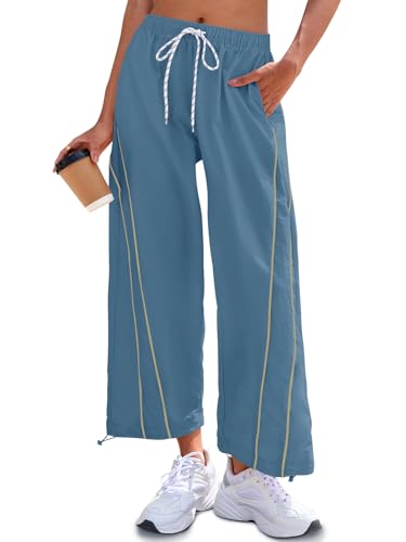 Fisoew Womens Baggy Wide Leg Pants Casual Elastic Waist Drawstring Hiking Workout Cropped Track Pants with Pockets Blue