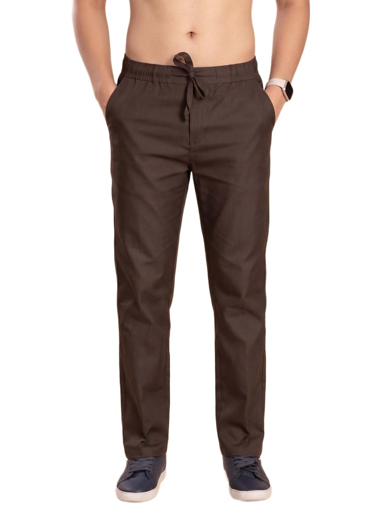 Men's Trouser Coffee Brown Mid-Rise Linen Straight Fit Casual Pant with Drawstring Waist-image-15
