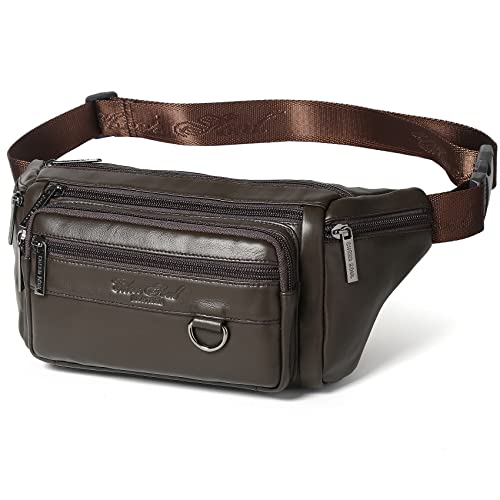 KPYWZER Genuine Leather Fanny Pack Waist Bag for Men Women Multifunction Hip Bum Bag Fashionable Multi-Pockets Waist Belt Bag for Travel Sports Hiking Cycling Fishing Running Coffee