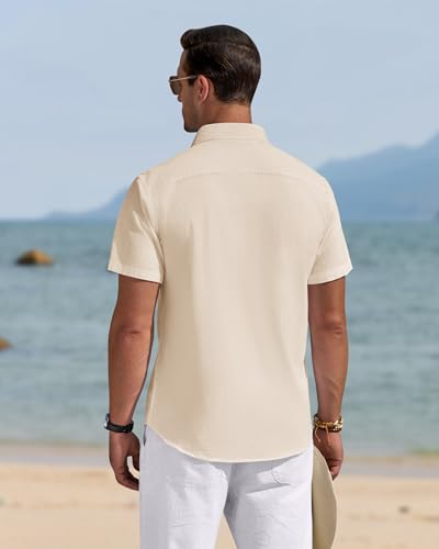 Image of J.VER Mens Linen Shirt Short Sleeve Button Down Casual Summer Shirts | Cotton Linen, Untucked, Big Tall, from Beach Camp Vacation, Cruise Fishing, Work Office, to Wedding Party Family, with Pocket