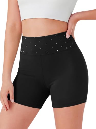 Haloumoning Girls Athletic Shorts Kids Sparkly High Waisted Yoga Dance Biker Shorts Crystal Gymnastics Shorts 5-14Y Black