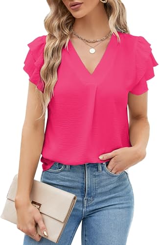 BUNSLOOM Bluse Damen Elegant V-Ausschnitt Kurzarm Arbeit Dressy Sommer Tops Casual Shirts Business Casual