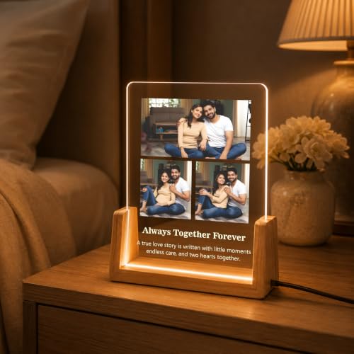 Image of Giftplease Personalized LED Acrylic Photo Frame with Custom Photos & Text | Engraved Picture Lamp with Wooden LED Base | USB Powered Night Light | Anniversary, Wedding, Birthday, Couple, Family, Decor