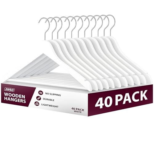 ZENO Wooden Hangers White 40 Pack | Wooden Coat Hangers | Hanger for Clothes with 360° Swivel Hook, Shoulder Notches & Anti Slip Design | Lightweight & Durable