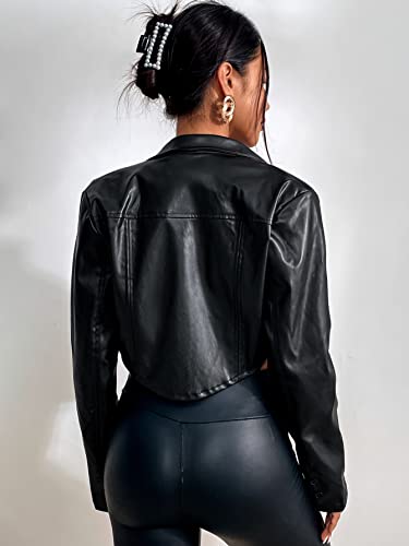 SweatyRocks Women's PU Leather Cropped Coat Casual Button Front Jacket with Bust Pocket2