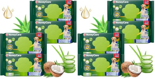 Image of HONEY CARE Disposable Pet Wipes for Dogs & Cats, Fragrance-Free, 100 Wipes, Cleansing & Soothing for Paws, Butt & Body, 400 Count (8 Packs)