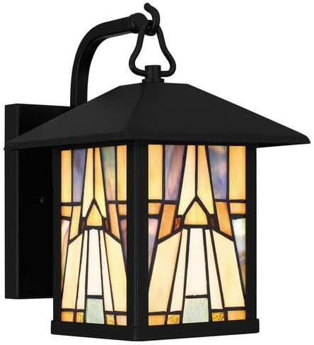 Ceybo 1-Light Matte Black Outdoor Wall Sconce with Handcrafted Amber-Toned Glass, Mission Style, Compatible with LED and Incandescent Bulbs