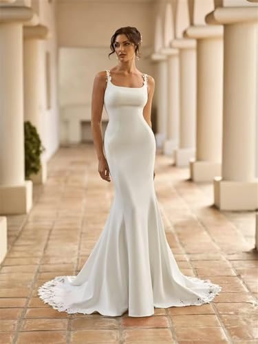 Women's Mermiad Wedding Dresses Boho Satin Lace Straps Wedding Gowns Appliques Beach Bridal Gowns for Bride2