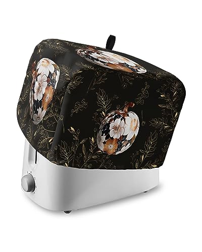 Thanksgiving 4 Slice Toaster Cover, Fall Bread Machine Cover Pumpkin Floral Botanical Leaves Black Kitchen Appliance Dust Cover Top Handle Fingerprint Protection Lightweight Kitchen Toaster Cover