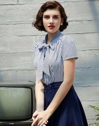 Image of Belle Poque Summer Short Sleeve Office Button Down Blouse Stripe Shirt Tops with Bow Tie BP573