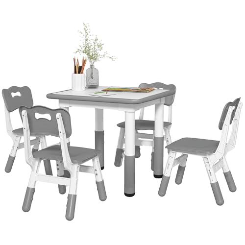 AIYAPLAY Ensemble Table et chaises pour Enfants, Table pour Enfant avec 4 chaises, Hauteur réglable, Gain de Place, Set de 5 pièces, pour la Salle de Jeux,...