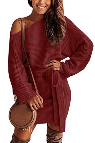 Clarisbelle Women's Warm Open Shoulder Solid Color Sweater Belted Batwing Sleeve Casual Tunic Dress Maroon M
