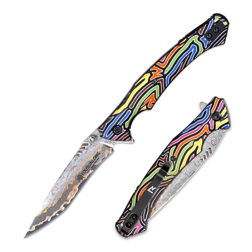YOUSUNLONG Cuchillo plegable de camping de bolsillo - Hoja de acero damasco CuMai - Empuñadura con cubierta multicolor G10
