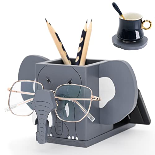 Yuseful 4 in 1 Elephant Pen Holder, Handmade Wooden Phone Eyeglass Pencil Holder Stand with Coasters, Desk Organizer for Office Supplies Makeup Brush Funny Elephant Gifts for Women Kids