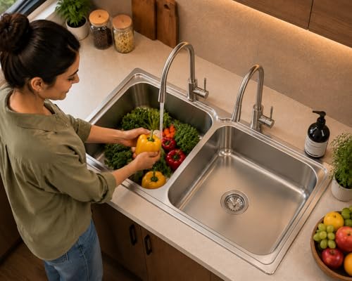 Image of Stainless Steel Kitchen Sink 45x20 Inch | Double Bowl Kitchen Sink | With Stainless Steel Waste Coupling & PVC Pipe | Heavy Gauge & Corrosion Resistant