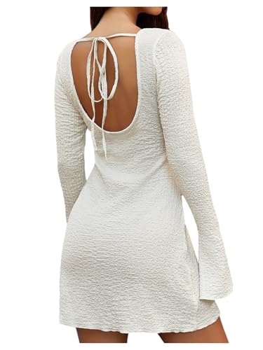 Floerns Women's Textured Tie Back Flare Sleeve Mini Dress Going Out A Line Dresses