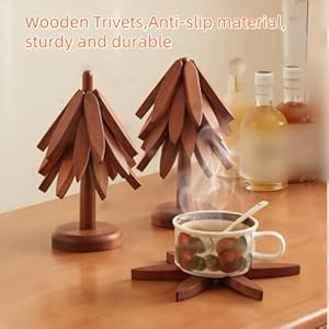 Wooden Trivets for Hot Dishes - Tree Shape Trivet Set with Holder, Decorative Christmas Tree Design, Walnut 4-Ply Tripod Coasters Wooden Trivets for Hot Dishes Tree Shape Trivet Set with Holder Decorative Christmas Tree Design Walnut 4 Ply Tripod Coasters