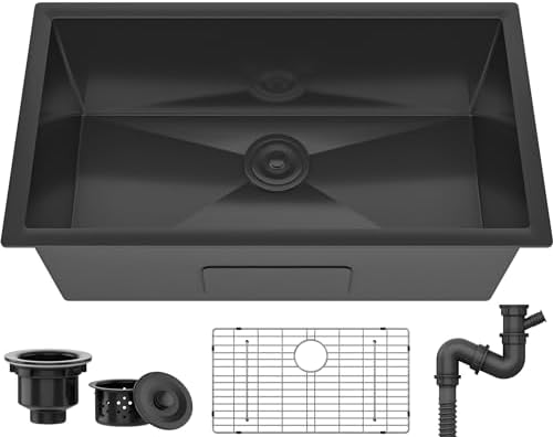 YITAHOME Lavello da Cucina in Acciaio Inossidabile Nero Singola Vasca Ad Incasso 76x46x23cm con Cestello e Setaccio Scar