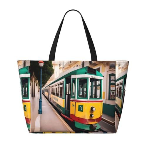 Lisbon Tram Pattern Print Large Waterproof Beach Bag For Women With Zipper And Pockets For Travel Vacation2