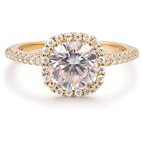 HAFEEZ CENTER 14k Solid Gold 2 Carat Cushion Cut D Color Hola Moissanite Engagement Rings for Women (Yellow-Gold, 9) Cover