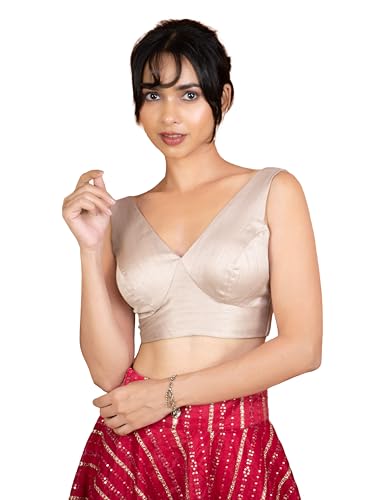Image of FIGURE'S DESIGNER Women's Dupion Raw Silk Sleeveless V Neck Sabyasachi Cut Readymade Saree Blouse Padded Stitched S4