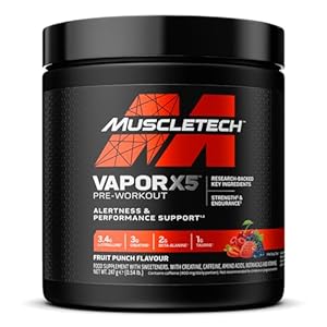 MuscleTech Vapor X5 Pre Workout Powder, Energy Drink with 3g Creatine Monohydrate Powder, Beta Alanine, Alertness and Performance with Caffeine, 30 Servings, 252g, Fruit Punch